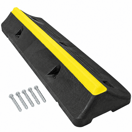 A black plastic HGV wheel stop with a bright yellow center stripe, shown on a white background with five silver mounting screws.