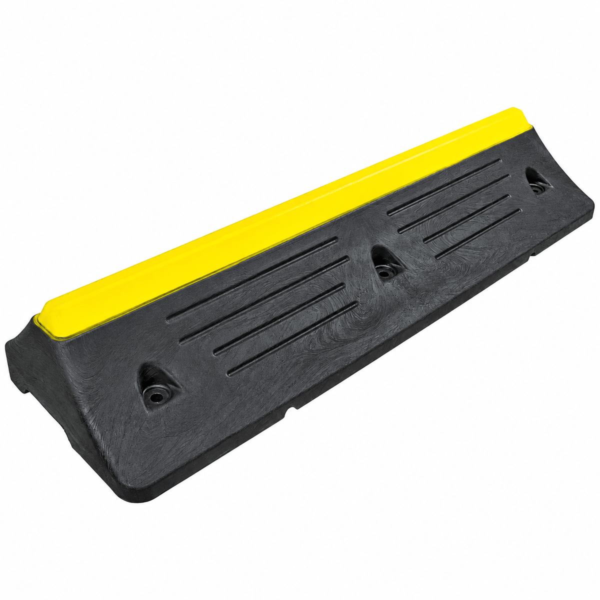 A black plastic truck parking stop with a bright yellow top strip, shown at an angle on a plain white background.