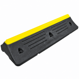 A black plastic truck parking stop with a bright yellow top strip, shown at an angle on a plain white background.
