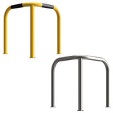 high-visibility-corner-protection-hoops-guards-barriers-warehouse-industrial-heavy-duty-crash-impact-protection-safety-forklift-pedestrian-durable-indoor-outdoor-galvanised-mild-steel-powder-coated-yellow-black-reflective-bands-accidental-damage-protection-ragged-flanged-concrete-in-bolt-down-depots-loading-bays