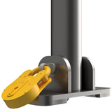 Hinged-folding-parking-post-with-integrated-locks-fb-fire-brigade-padlock-keys-secure-car-park-apartment-blocks-cities-anti-theft-heavy-duty-stainless-galvanised-powder-coated-steel-yellow-black-security-durable-vehicle-car-bollard-safety-schools-commercial-residential