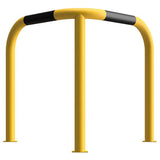 high-visibility-corner-protection-hoops-guards-barriers-warehouse-industrial-heavy-duty-crash-impact-protection-safety-forklift-pedestrian-durable-indoor-outdoor-galvanised-mild-steel-powder-coated-yellow-black-reflective-bands-accidental-damage-protection-ragged-flanged-concrete-in-bolt-down-depots-loading-bays