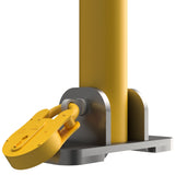 Hinged-folding-parking-post-with-integrated-locks-fb-fire-brigade-padlock-keys-secure-car-park-apartment-blocks-cities-anti-theft-heavy-duty-stainless-galvanised-powder-coated-steel-yellow-black-security-durable-vehicle-car-bollard-safety-schools-commercial-residential