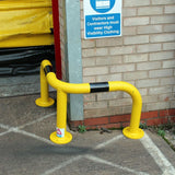 high-visibility-corner-protection-hoops-guards-barriers-warehouse-industrial-heavy-duty-crash-impact-protection-safety-forklift-pedestrian-durable-indoor-outdoor-galvanised-mild-steel-powder-coated-yellow-black-reflective-bands-accidental-damage-protection-ragged-flanged-concrete-in-bolt-down-depots-loading-bays