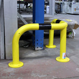 high-visibility-corner-protection-hoops-guards-barriers-warehouse-industrial-heavy-duty-crash-impact-protection-safety-forklift-pedestrian-durable-indoor-outdoor-galvanised-mild-steel-powder-coated-yellow-black-reflective-bands-accidental-damage-protection-ragged-flanged-concrete-in-bolt-down-depots-loading-bays