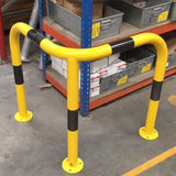 high-visibility-corner-protection-hoops-guards-barriers-warehouse-industrial-heavy-duty-crash-impact-protection-safety-forklift-pedestrian-durable-indoor-outdoor-galvanised-mild-steel-powder-coated-yellow-black-reflective-bands-accidental-damage-protection-ragged-flanged-concrete-in-bolt-down-depots-loading-bays