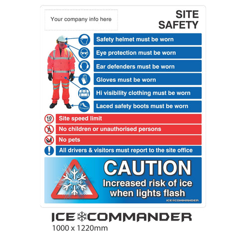 Ice warning flashing LED safety sign with site health notice.