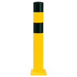 Black Bull L heavy duty steel bollard, 159mm diameter, yellow and black bands on a bolt-down base plate