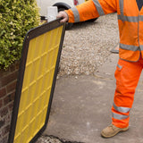 lowpro-12-8-trench-cover-modular-connecting-system-lightweight-composite-HAUC-compliant-footway-walk-board-construction-non-anti-slip-pedestrian-site-safety-rubber-edge-high-visibility-yellow-heavy-duty-weather-resistant-polyethylene-utility-works-roadworks