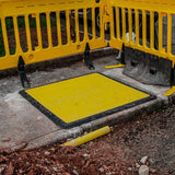 lowpro-11-11-trench-cover-lightweight-composite-HAUC-compliant-footway-walk-board-construction-non-anti-slip-pedestrian-site-safety-rubber-edge-high-visibility-yellow-heavy-duty-weather-resistant-polyethylene-utility-works-roadworks