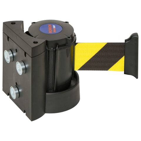 magnetic-wall-clip-mounted-belt-barrier-traffic-line-black-cartridge-case-retractable-crowd-control-safety-adjustable-commercial-industrial-queue-management-flexible-airports-shopping-mall-centres-retail-banks-hospitals-events-industrial-factories
