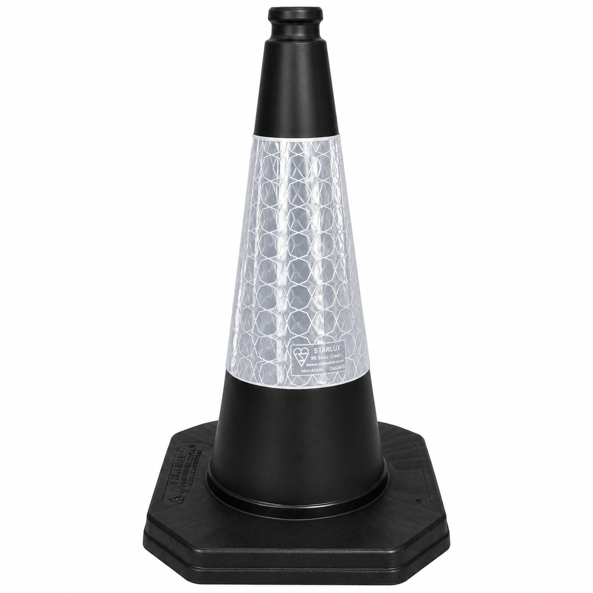 A black plastic traffic safety cone with a reflective silver honeycomb-patterned band around the middle, shown on a plain white background.