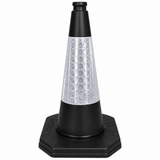 A black plastic traffic safety cone with a reflective silver honeycomb-patterned band around the middle, shown on a plain white background.