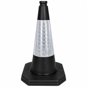 A black plastic traffic safety cone with a reflective silver honeycomb-patterned band around the middle, shown on a plain white background.