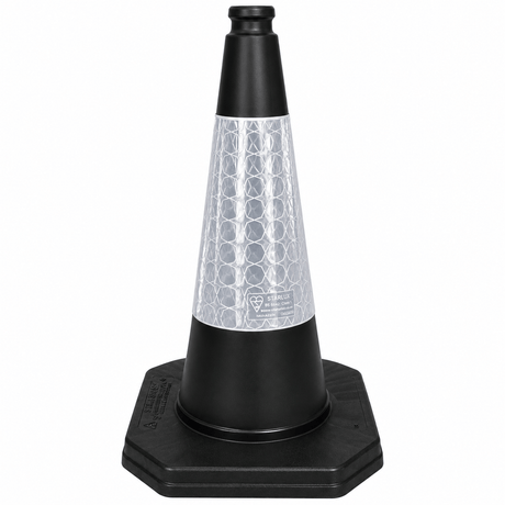 A black plastic traffic safety cone with a reflective silver honeycomb-patterned band around the middle, shown on a plain white background.