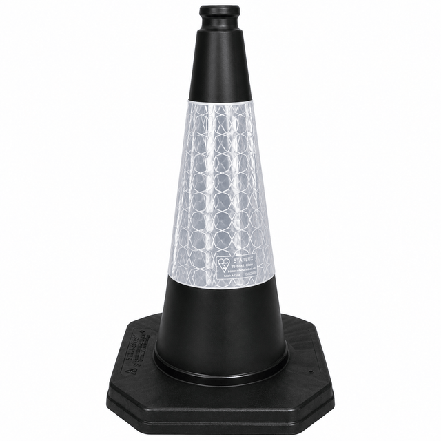 A black plastic traffic safety cone with a reflective silver honeycomb-patterned band around the middle, shown on a plain white background.