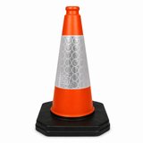 An orange traffic safety cone with a reflective silver honeycomb-patterned band and a black octagonal base, shown on a plain white background.