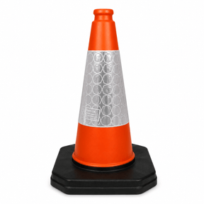 An orange traffic safety cone with a reflective silver honeycomb-patterned band and a black octagonal base, shown on a plain white background.