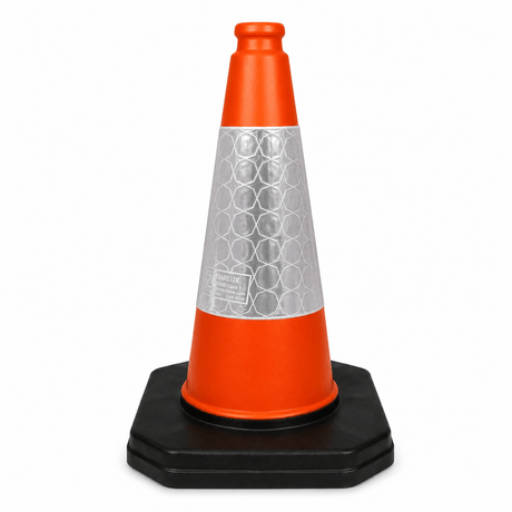 An orange traffic safety cone with a reflective silver honeycomb-patterned band and a black octagonal base, shown on a plain white background.