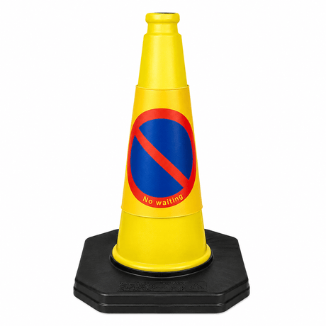 A yellow traffic-style safety cone with a black octagonal base, featuring a blue circle with a red slash and the words 'No waiting' on the front.