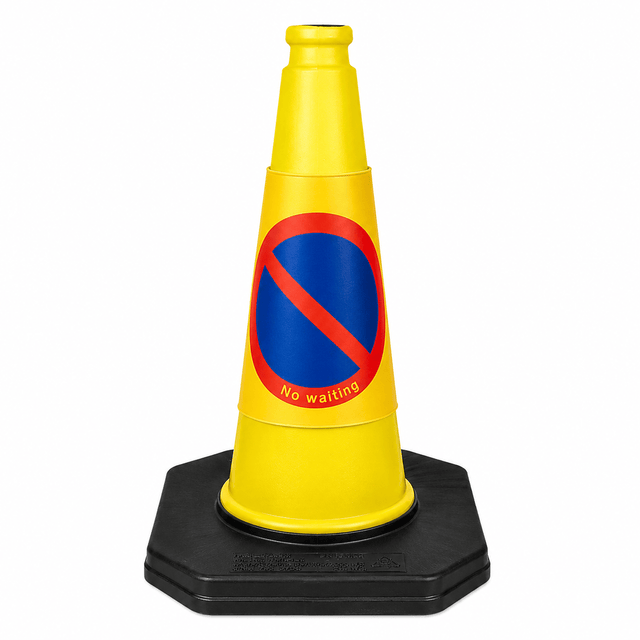 A yellow traffic-style safety cone with a black octagonal base, featuring a blue circle with a red slash and the words 'No waiting' on the front.
