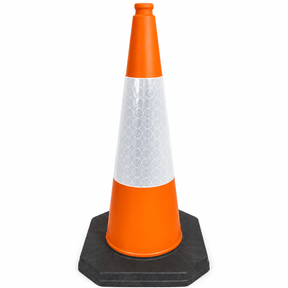 An orange and white reflective traffic safety cone with a black hexagonal base, isolated on a white background.