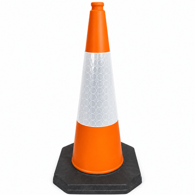 An orange and white reflective traffic safety cone with a black hexagonal base, isolated on a white background.