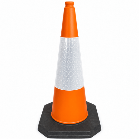 An orange and white reflective traffic safety cone with a black hexagonal base, isolated on a white background.