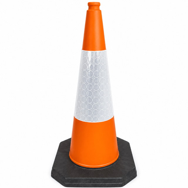 An orange and white reflective traffic safety cone with a black hexagonal base, isolated on a white background.