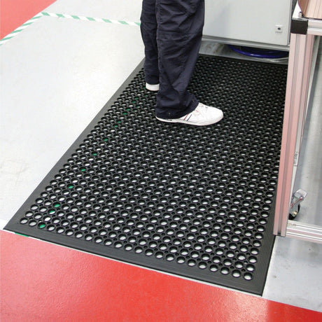 Rampmat-rubber-anti-fatigue-economical-slip-resistant-drainage-holes-hardwearing-durable-heavy-duty-workplace-industrial-wheeled-access-wheelchair-honeycomb-design-entry-level-doormat-black-industrial-catering