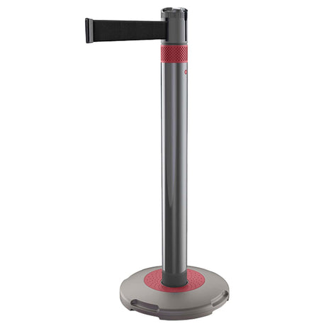Skipper-TM-Q-retractable-barrier-queue-management-safety-barriers-airport-events-belt-tape-indoor-outdoor-post-base-purple-customisable-hospital-crowd-control-warehouse-banks-hotels-resteraunts-retraction-recycled-recyclable