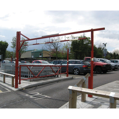 single-swing-height-restrictor-with-swing-gate-overhead-galvanised-powder-coated-custom-colour-low-clearance-vehicle-gates-access-control-toll-booths-car-parks-enforcement-HGV-warning-industrial-commercial-sites-warehouses-theme-parks-residential-shopping-centres-stadium-parking