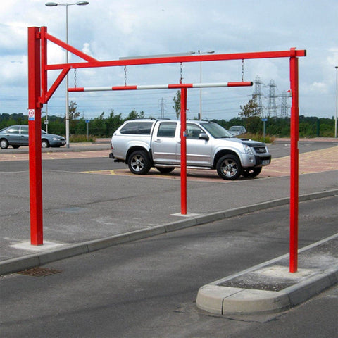 single-swing-height-restrictor-overhead-galvanised-powder-coated-custom-colour-low-clearance-vehicle-gates-access-control-toll-booths-car-parks-enforcement-HGV-warning-industrial-commercial-sites-warehouses-theme-parks-residential-shopping-centres-stadium-parking