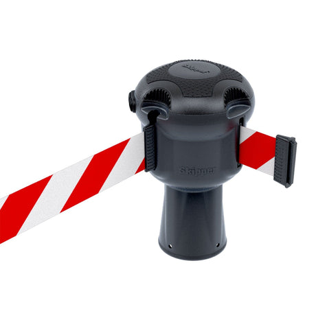 Skipper TM retractable 9 metre tape barrier system orange caution danger red green white blue yellow black reflective high visibility queue management traffic cone crowd flow control events safety belt roadworks guardrail security roadside restraint