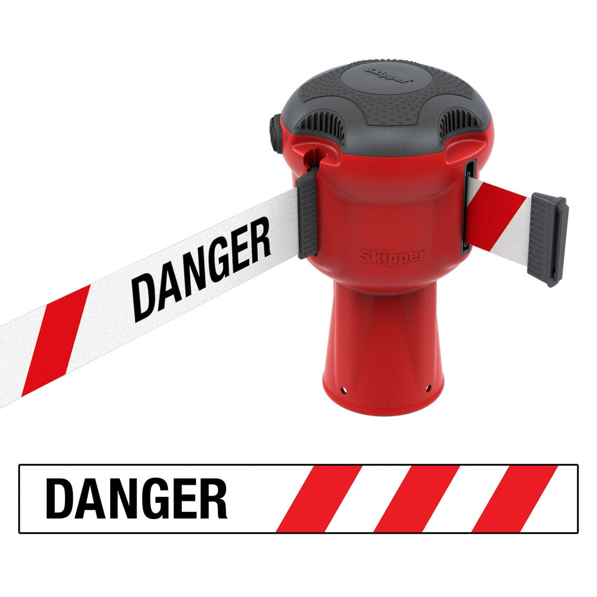 Skipper TM retractable 9 metre tape barrier system orange caution danger red green white blue yellow black reflective high visibility queue management traffic cone crowd flow control events safety belt roadworks guardrail security roadside restraint 