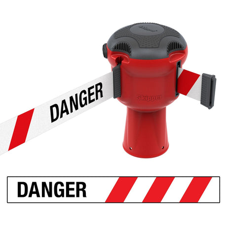 Skipper TM retractable 9 metre tape barrier system orange caution danger red green white blue yellow black reflective high visibility queue management traffic cone crowd flow control events safety belt roadworks guardrail security roadside restraint 