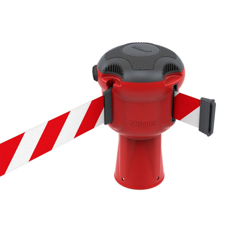 Skipper TM retractable 9 metre tape barrier system orange caution danger red green white blue yellow black reflective high visibility queue management traffic cone crowd flow control events safety belt roadworks guardrail security roadside restraint 
