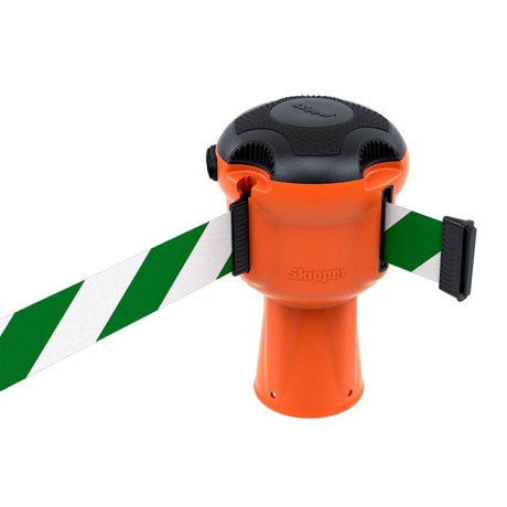 Skipper TM retractable 9 metre tape barrier system orange caution danger red green white blue yellow black reflective high visibility queue management traffic cone crowd flow control events safety belt roadworks guardrail security roadside restraint 