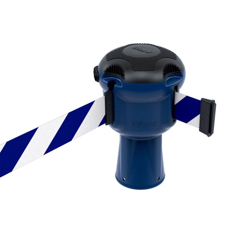 Skipper TM retractable 9 metre tape barrier system orange caution danger red green white blue yellow black reflective high visibility queue management traffic cone crowd flow control events safety belt roadworks guardrail security roadside restraint