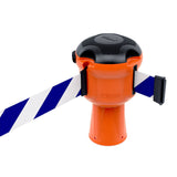 Skipper TM retractable 9 metre tape barrier system orange caution danger red green white blue yellow black reflective high visibility queue management traffic cone crowd flow control events safety belt roadworks guardrail security roadside restraint 