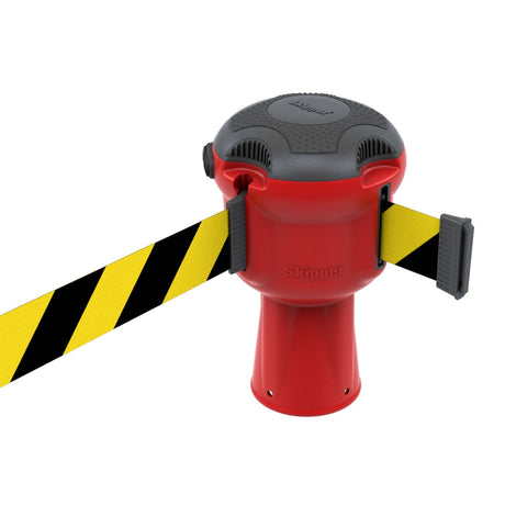 Skipper TM retractable 9 metre tape barrier system orange caution danger red green white blue yellow black reflective high visibility queue management traffic cone crowd flow control events safety belt roadworks guardrail security roadside restraint 