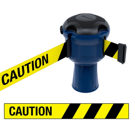 Skipper TM retractable 9 metre tape barrier system orange caution danger red green white blue yellow black reflective high visibility queue management traffic cone crowd flow control events safety belt roadworks guardrail security roadside restraint