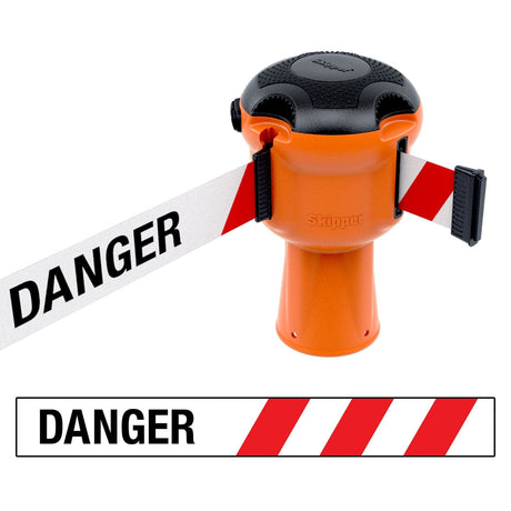 Skipper TM retractable 9 metre tape barrier system orange caution danger red green white blue yellow black reflective high visibility queue management traffic cone crowd flow control events safety belt roadworks guardrail security roadside restraint 