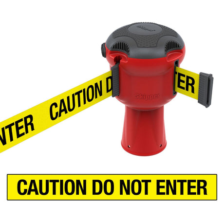Skipper TM retractable 9 metre tape barrier system orange caution danger red green white blue yellow black reflective high visibility queue management traffic cone crowd flow control events safety belt roadworks guardrail security roadside restraint 