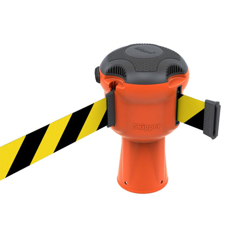 Skipper TM retractable 9 metre tape barrier system orange caution danger red green white blue yellow black reflective high visibility queue management traffic cone crowd flow control events safety belt roadworks guardrail security roadside restraint 