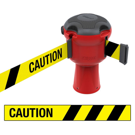 Skipper TM retractable 9 metre tape barrier system orange caution danger red green white blue yellow black reflective high visibility queue management traffic cone crowd flow control events safety belt roadworks guardrail security roadside restraint 