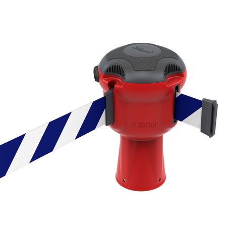 Skipper TM retractable 9 metre tape barrier system orange caution danger red green white blue yellow black reflective high visibility queue management traffic cone crowd flow control events safety belt roadworks guardrail security roadside restraint 