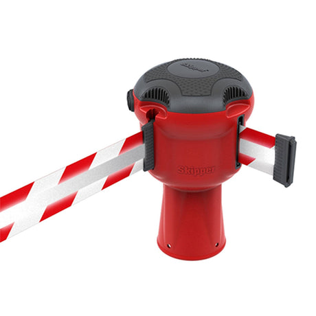 Skipper TM retractable 9 metre tape barrier system orange caution danger red green white blue yellow black reflective high visibility queue management traffic cone crowd flow control events safety belt roadworks guardrail security roadside restraint 