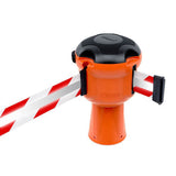 Skipper TM retractable 9 metre tape barrier system orange caution danger red green white blue yellow black reflective high visibility queue management traffic cone crowd flow control events safety belt roadworks guardrail security roadside restraint 