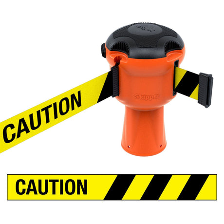 Skipper TM retractable 9 metre tape barrier system orange caution danger red green white blue yellow black reflective high visibility queue management traffic cone crowd flow control events safety belt roadworks guardrail security roadside restraint 